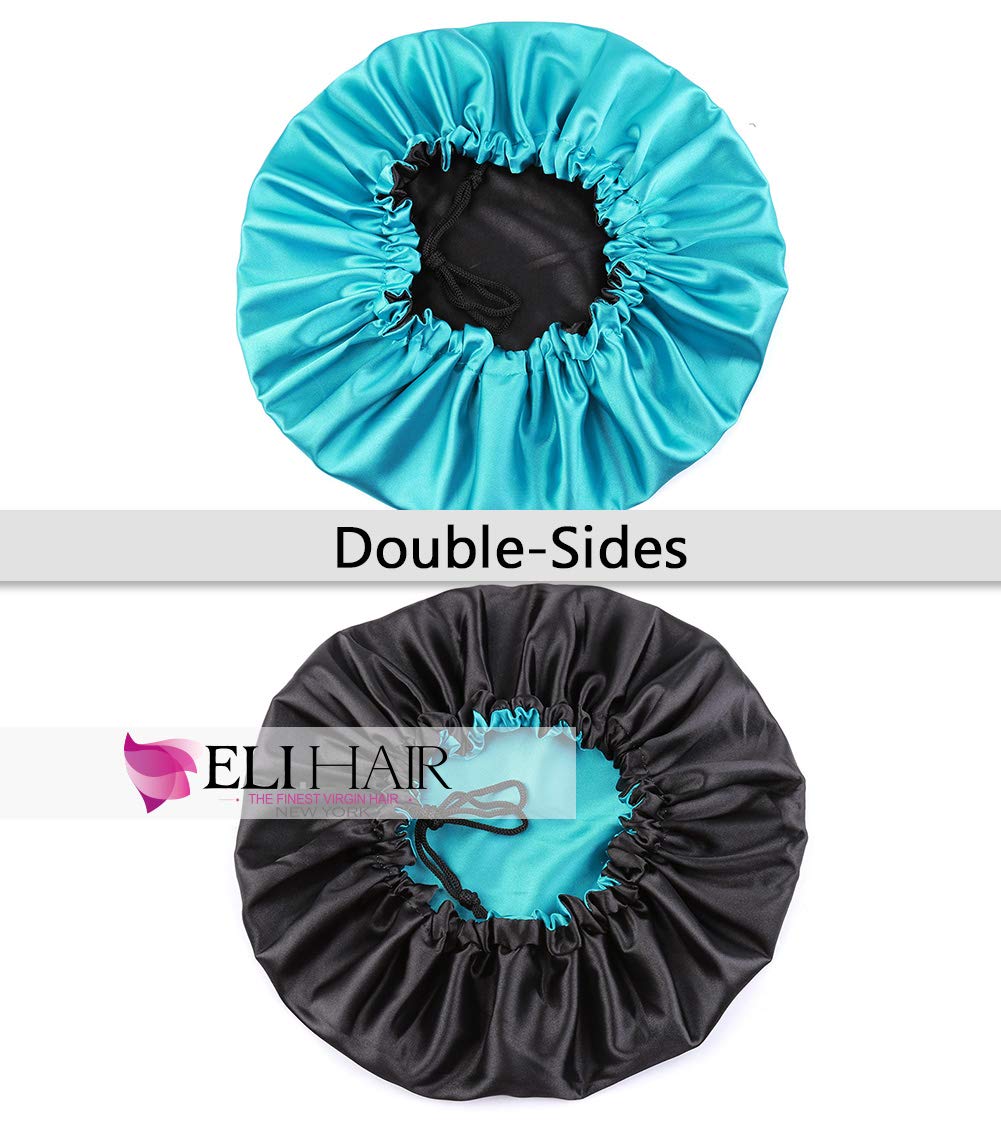 ELIHAIR Stain Bonnet Silky Sleep Cap Adjustable Satin Cap for Night Sleeping Hair Bonnet Reversible Double Layer Peacock Blue/Black