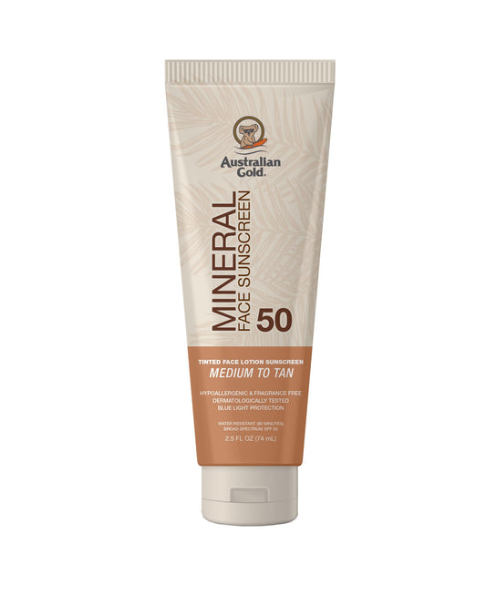 Australian Gold SPF 50 Tinted Mineral Face Sunscreen, Medium to Tan, 2.5 fl oz, Broad Spectrum, Non-Greasy BB Cream with Blue Light & Sun Protection Beauty and Personal Care Australian Gold Default Title