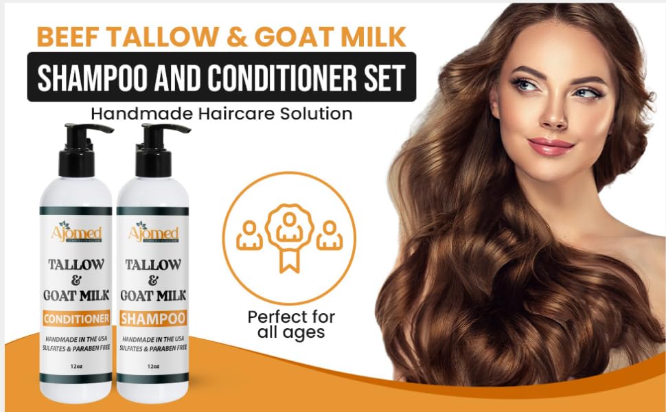 AJOMED Cosmetics Tallow and Goat Milk Shampoo and Conditioner - tallow Hair Hair Growth shampoo for Dry, Damaged hair - Silicone, Paraben, Sulfate