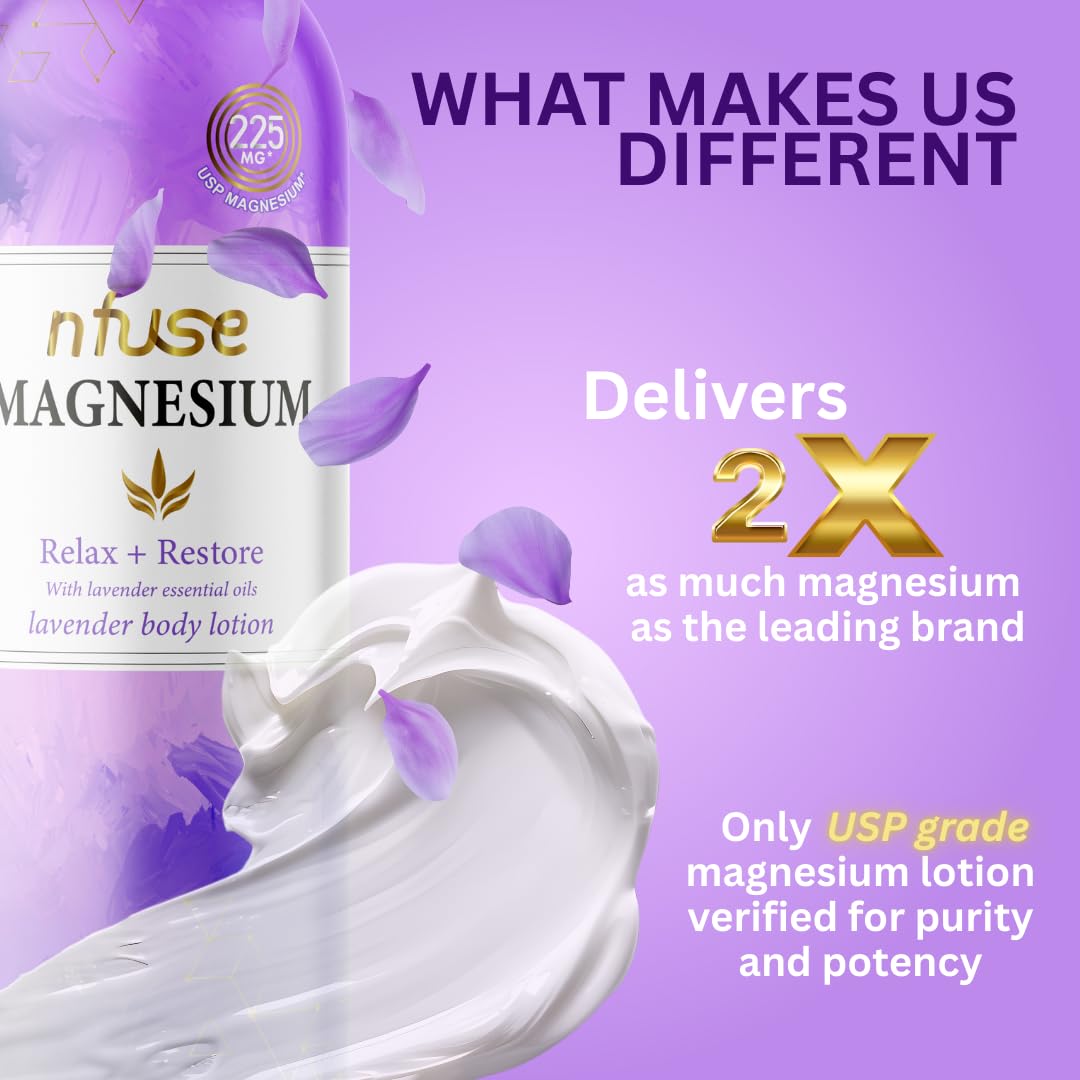 nfuse Magnesium Lotion - 225 mg USP Magnesium Chloride, Lavender Essential Oils, Fast Absorbing, Calming, Stress Relief & Muscle Relaxation - Natural