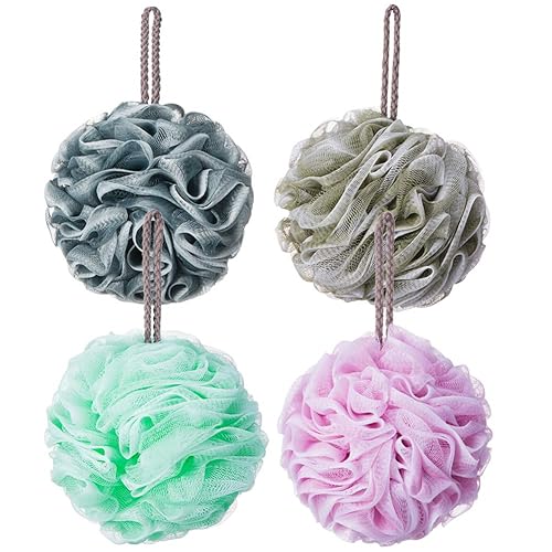Novosun Loofah Bath Sponge Luffa Loofa Body Scrubber Soft Mesh Pouf Wash Puff Shower Puff Shower Ball Exfoliating Shower Sponge Pack of 4 (60g/pcs)