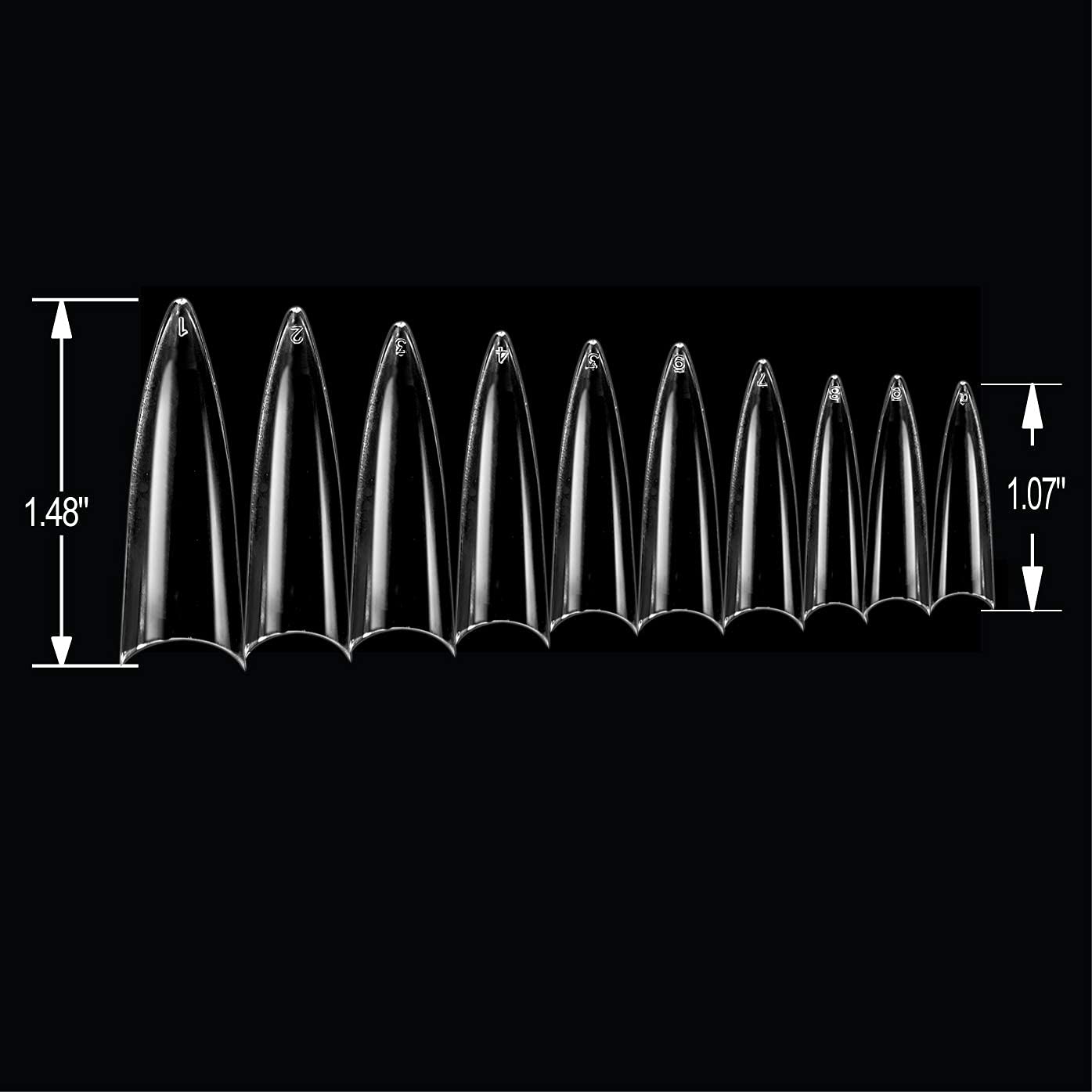 BeYou Clear Long Stiletto 500pcs False Fake Gel Nail Tips,10 Sizes With Clear Plastic Case For Nail Salon Nail Shop