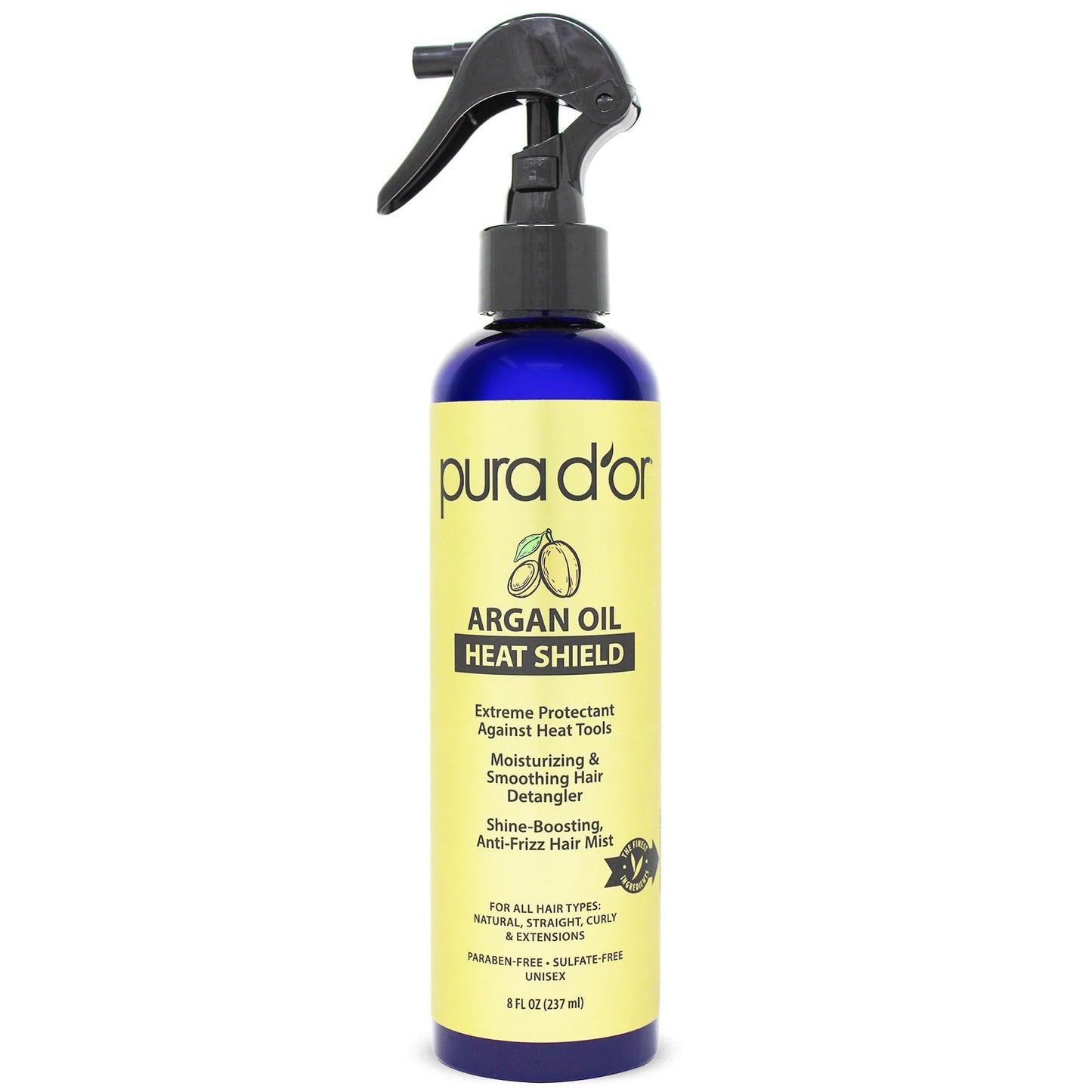 PURA D'OR 8 Oz Argan Oil Heat Shield Protectant Spray with Select Organic Ingredients, Protects Up To 450º F From Flat Iron & Hot Blow Dry, Leave-In