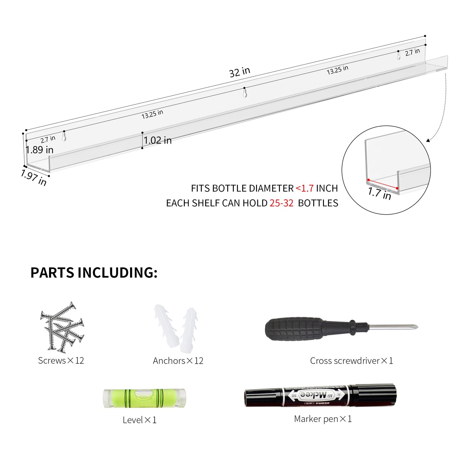 Sezanrpt 32 Inches Acrylic Nail Polish Rack Shelf for Wall, Clear Nail Polish Organizer Wall Mounted for 192 Bottles, 6 Pack
