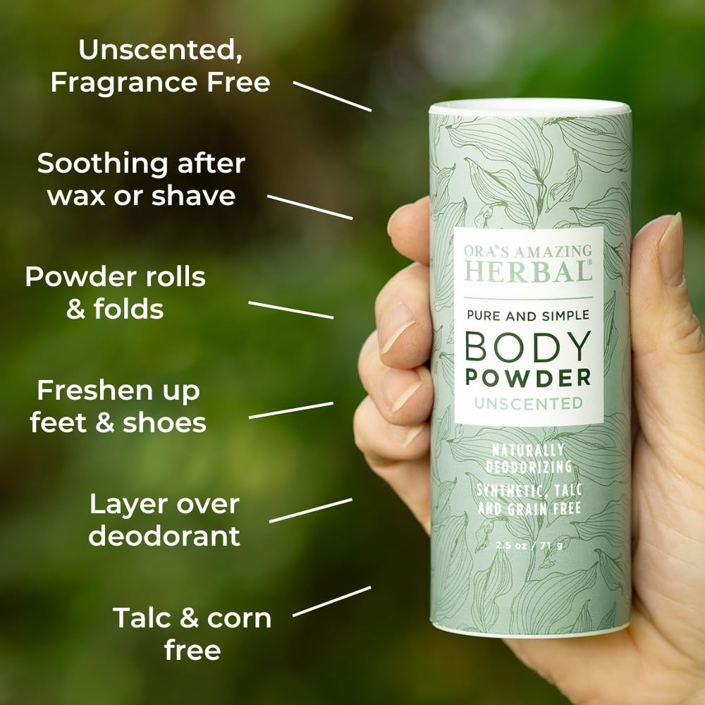 Ora's Amazing Herbal Fragrance Free Body Powder for Women and Men, Unscented Talc Free Talcum Powder, Cornstarch Free Dusting, Waxing, Natural