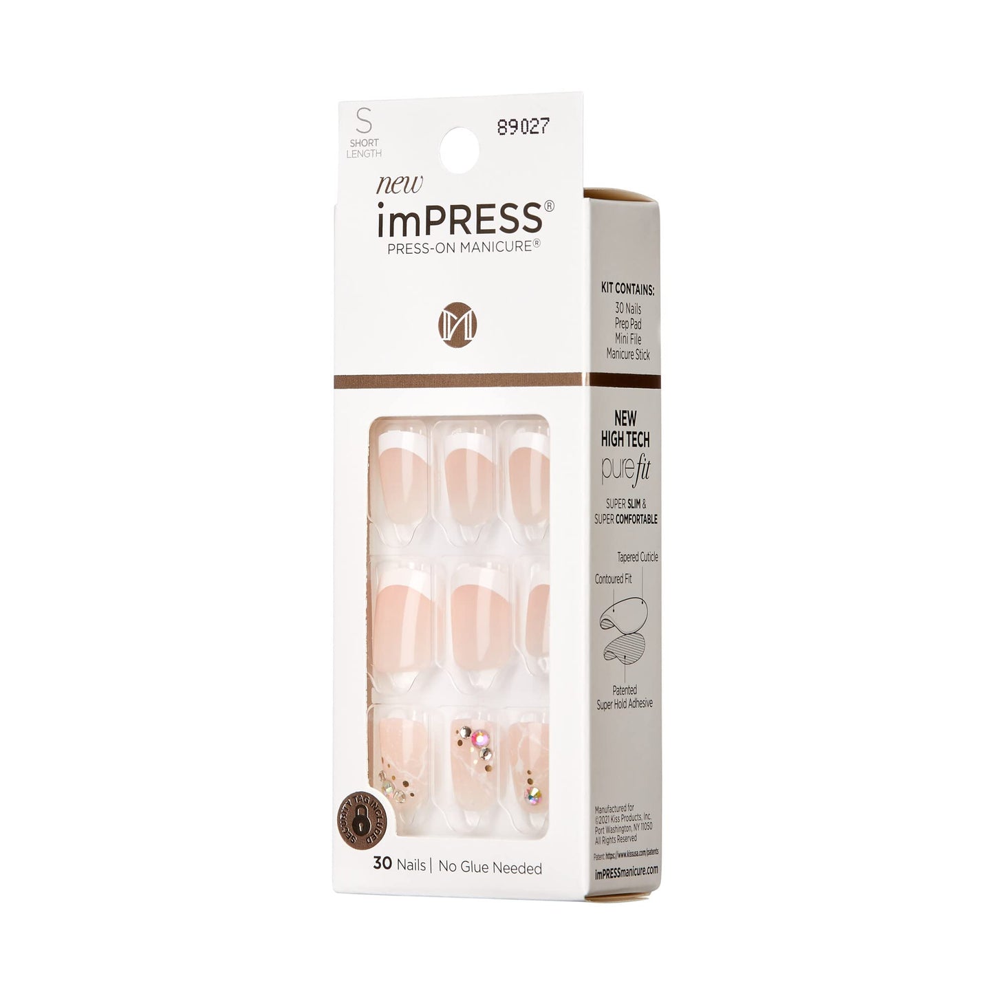KISS imPRESS No Glue Mani Press On Nails, Design, 'My Worth', White, Short Size, Squoval Shape, Includes 30 Nails, Prep Pad, Instructions Sheet, 1