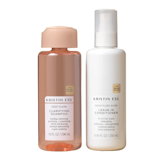Kristin Ess Hair Deep Clean Clarifying Shampoo & Weightless Shine Leave In Conditioner - Removes Build Up, Volumizes Oily Hair, Detangles, Adds Shine