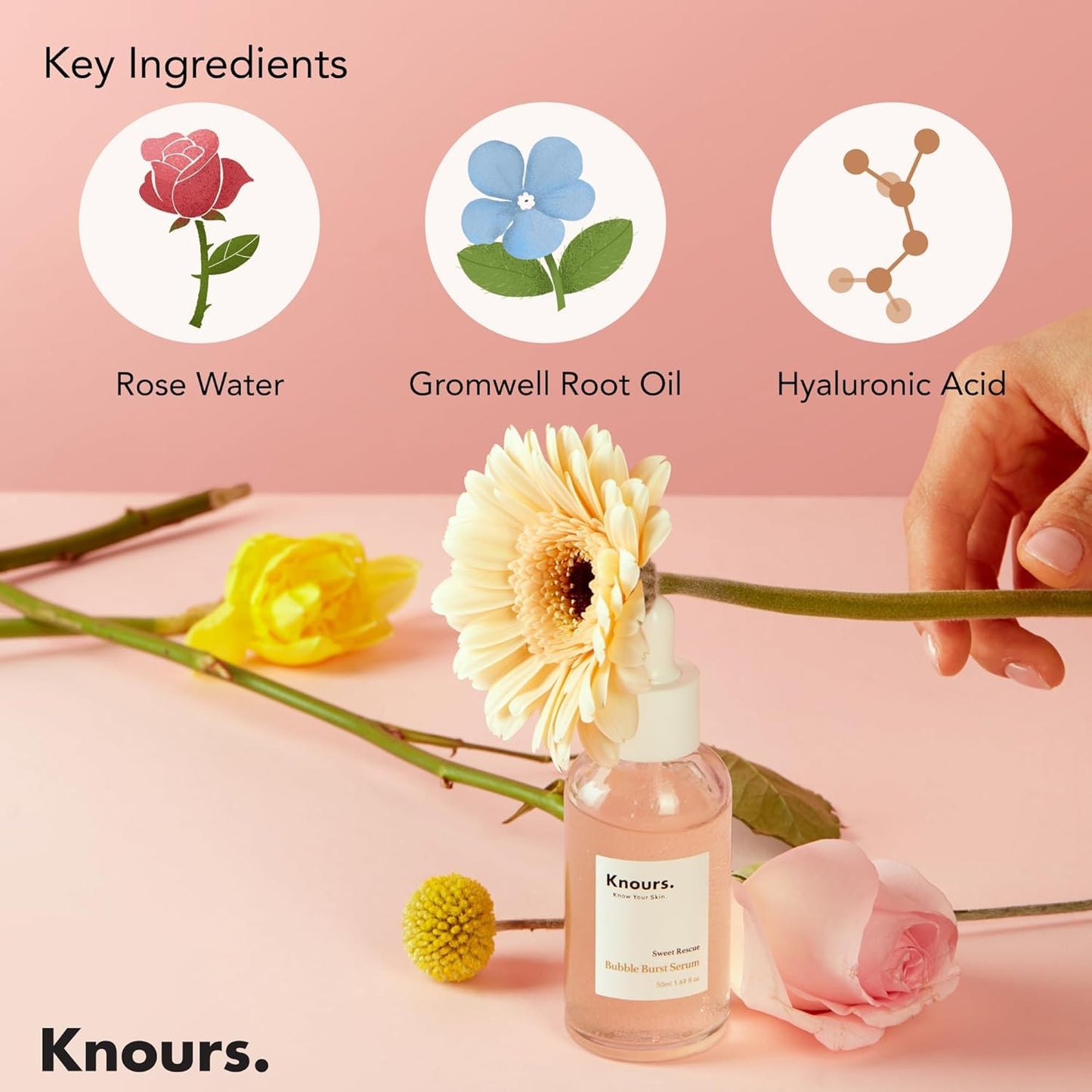 Knours. Balancing 5xHA + Gromwell Root Bubble Burst Serum, Rose Water Niacinamide Hydrating Improve Tone Korean Skincare Clean Beauty (50ml 1.69fl.