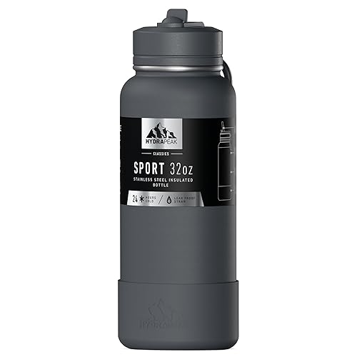 Hydrapeak 32oz Sport Insulated Water Bottle with straw lid, Leak & Spill Proof, Keeps Drinks Cold for 24 Hours, Hot for 12 Hours (Grey Matter)