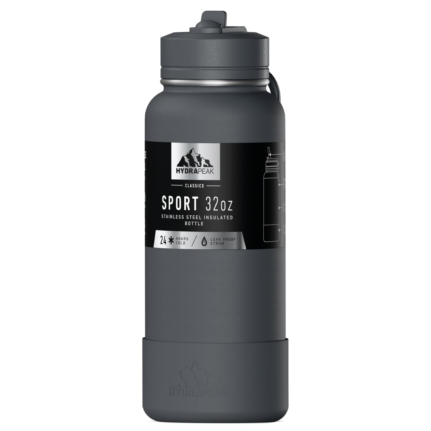 Hydrapeak 32oz Sport Insulated Water Bottle with straw lid, Leak & Spill Proof, Keeps Drinks Cold for 24 Hours, Hot for 12 Hours (Grey Matter)