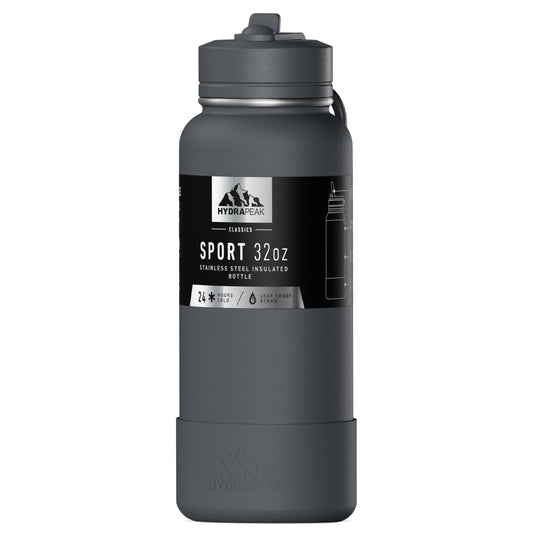 Hydrapeak 32oz Sport Insulated Water Bottle with straw lid, Leak & Spill Proof, Keeps Drinks Cold for 24 Hours, Hot for 12 Hours (Grey Matter)