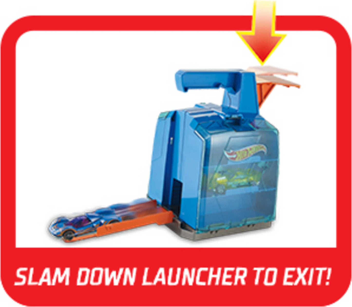 Hot Wheels Toy Car Track Set, Display Launcher & 2 1:64 Scale Vehicles, Visible Storage for 6 Cars Toy Cars, Connects to Track