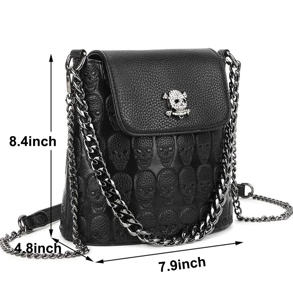 Downupdown Skull Handbags Purse Women Satchel Crossbody Bag Goth Chain Shoulder Bag Small Tote Hobo Bags Flap Zip Phone Bag-Black