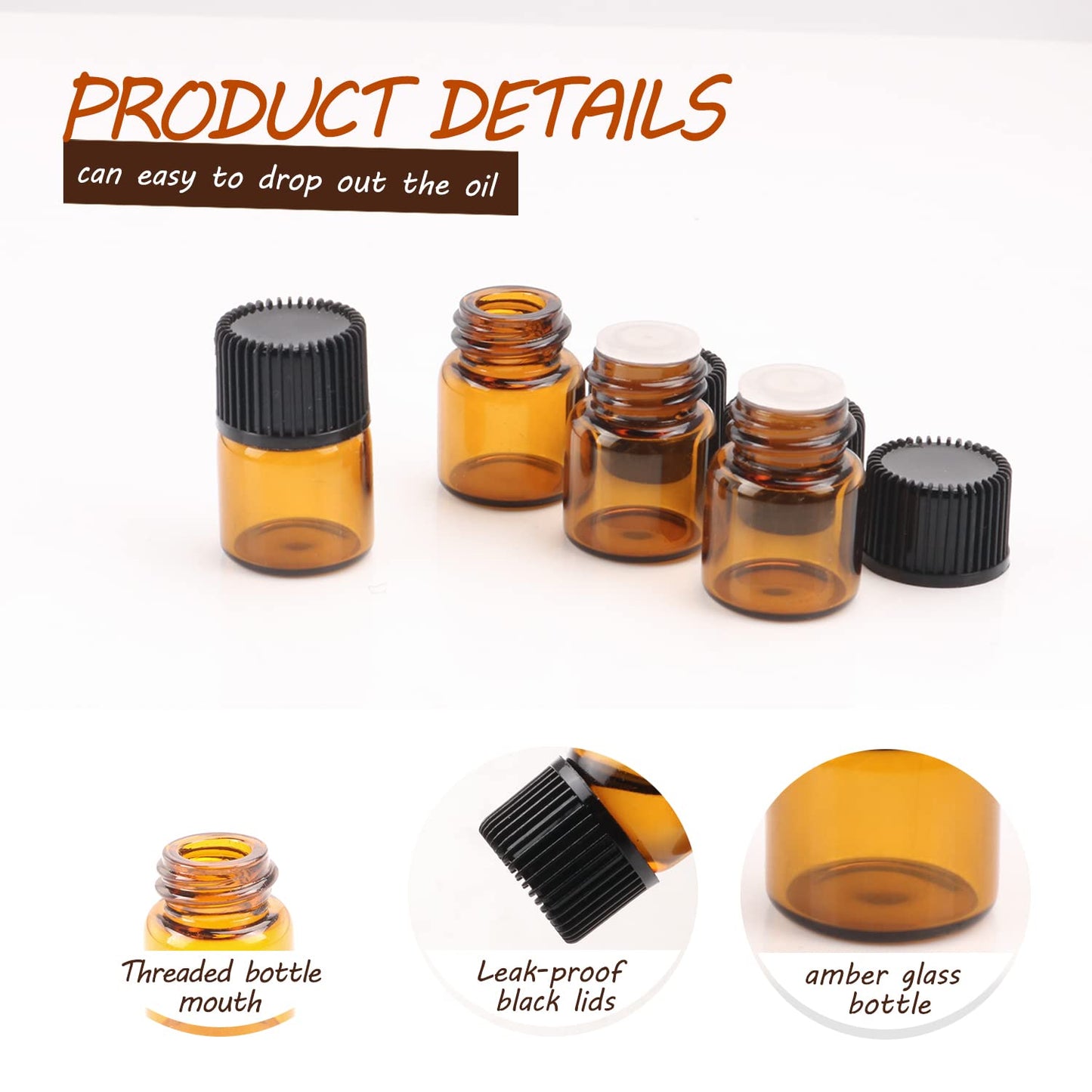 Wresty 100 Packs Essential Oil Bottles,1ml(1/4 dram) Mini Sample bottle Amber Glass Vials,With With 3 Free Dropper