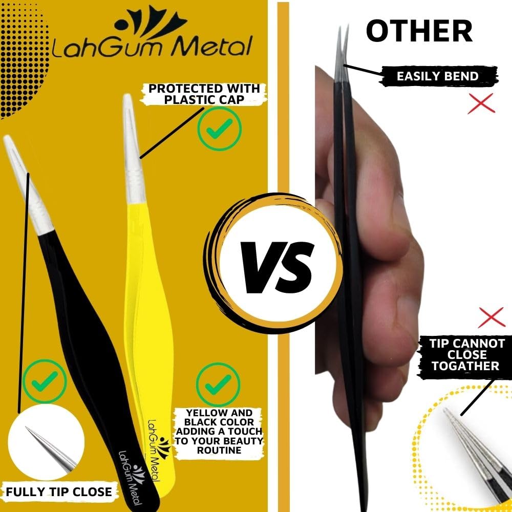 Super Sharp Pointed Tweezers Precision Fine Point Tip Ingrown Hair Removal Kit - Extra Thin Stainless Facial Hair Remover for Face Beauty and Personal Care LahGum Metal