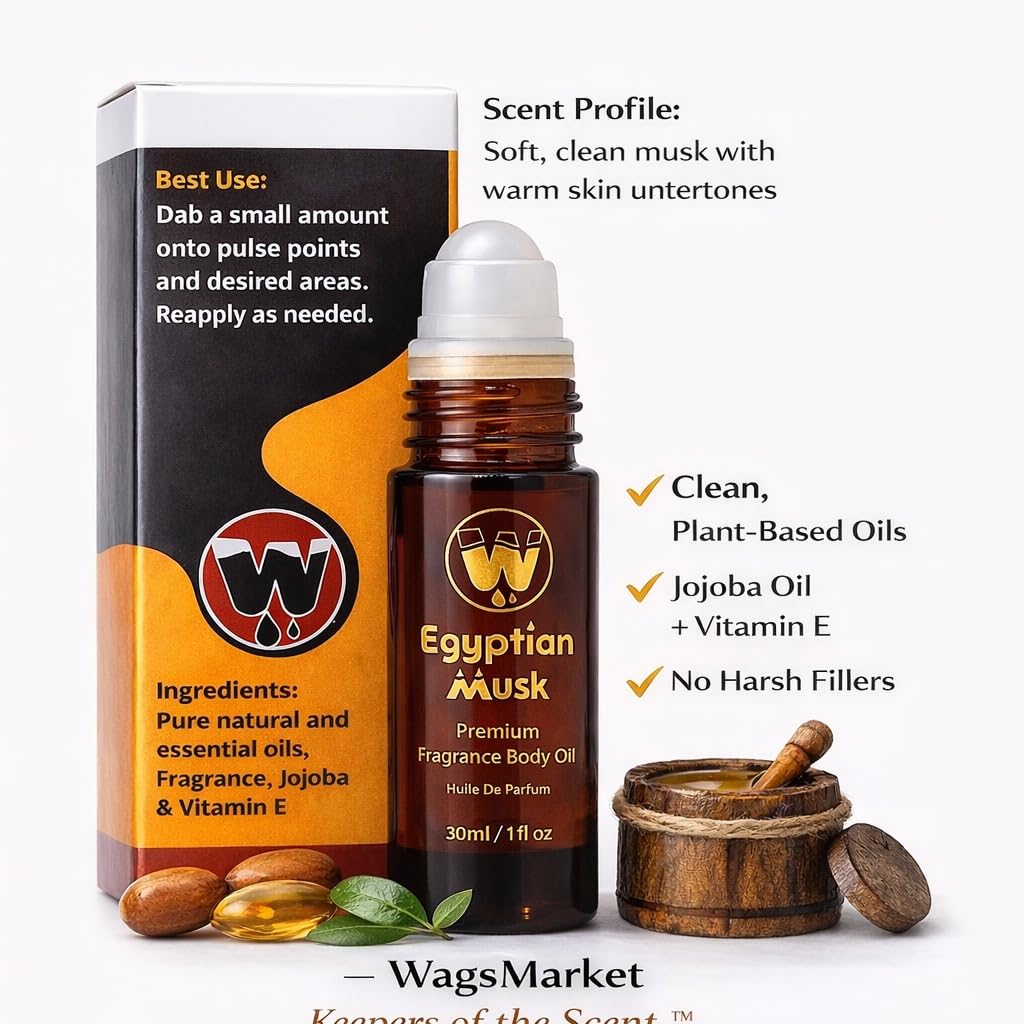 WagsMarket Egyptian Musk Oil, Choose from Roll On to 0.33oz - 4oz Glass Bottle, (1oz Roll On)