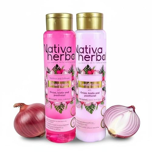 Nativa Herbal Onion shampoo and conditioner set with biotin and panthenol, natural growth formula, anti-frizz strengthening duo for thicker, stronger