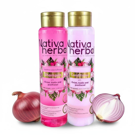 Nativa Herbal Onion shampoo and conditioner set with biotin and panthenol, natural growth formula, anti-frizz strengthening duo for thicker, stronger