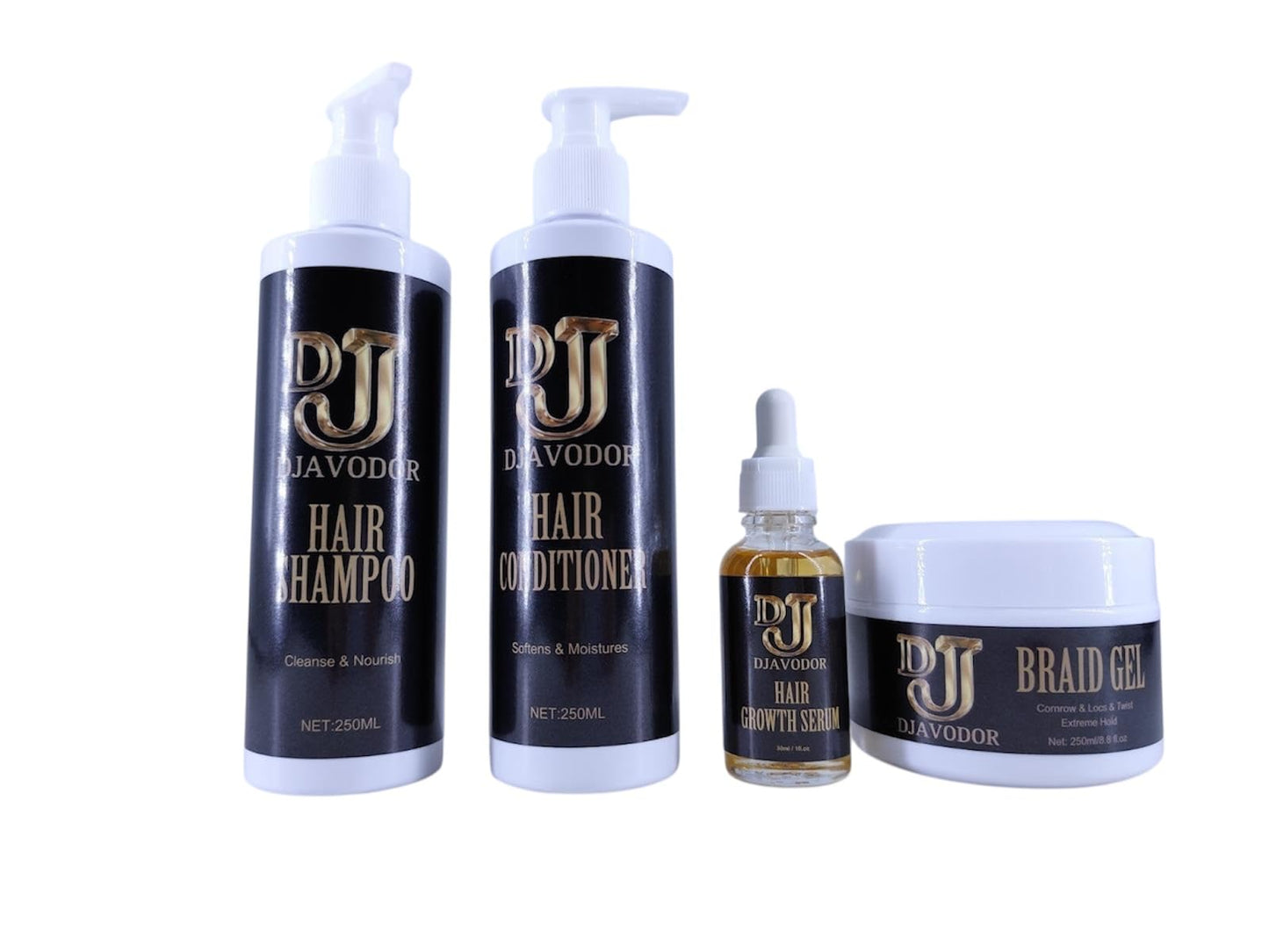 Djavodor Hair Care Set, Shampoo 250ML, Conditioner 250ML, Braid Gel, Hair Growth Serum, 4 Piece Collection