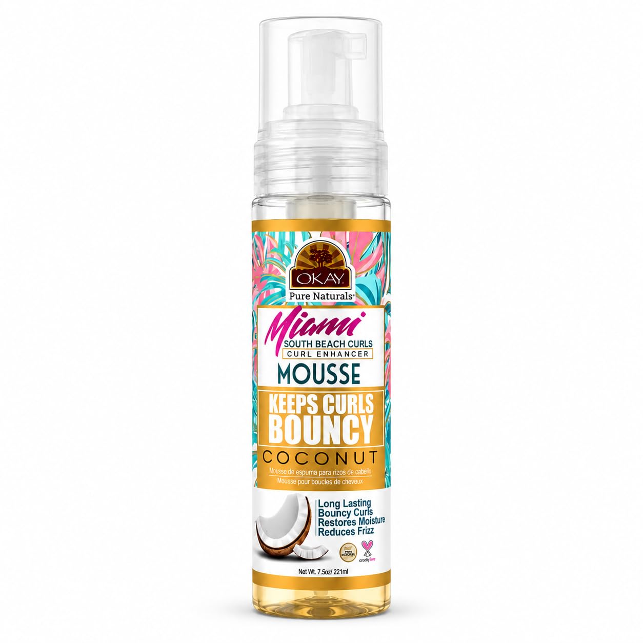 OKAY Miami South Beach Curls Curl Enhancer Mousse 7.5 oz - Lightweight Curl Defining Hair Styling Foam with Coconut Oil & Aloe Vera for Frizz Control
