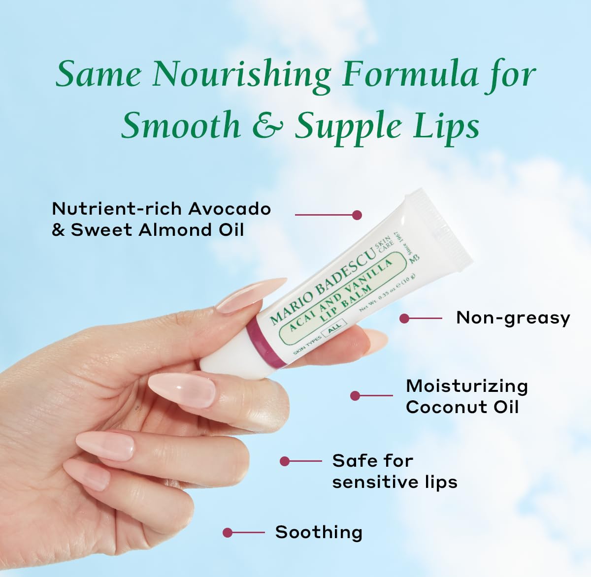 Mario Badescu Moisturizing Acai and Vanilla Lip Balm for Dry Cracked Lips, Infused with Coconut Oil and Shea Butter, Ultra-Nourishing Lip Care
