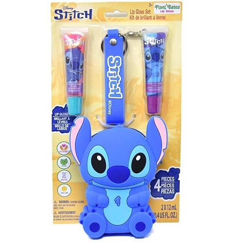Disney Stitch Lip Gloss Set with Lanyard Keychain Bag, 4 Pieces, Cotton Candy and Watermelon