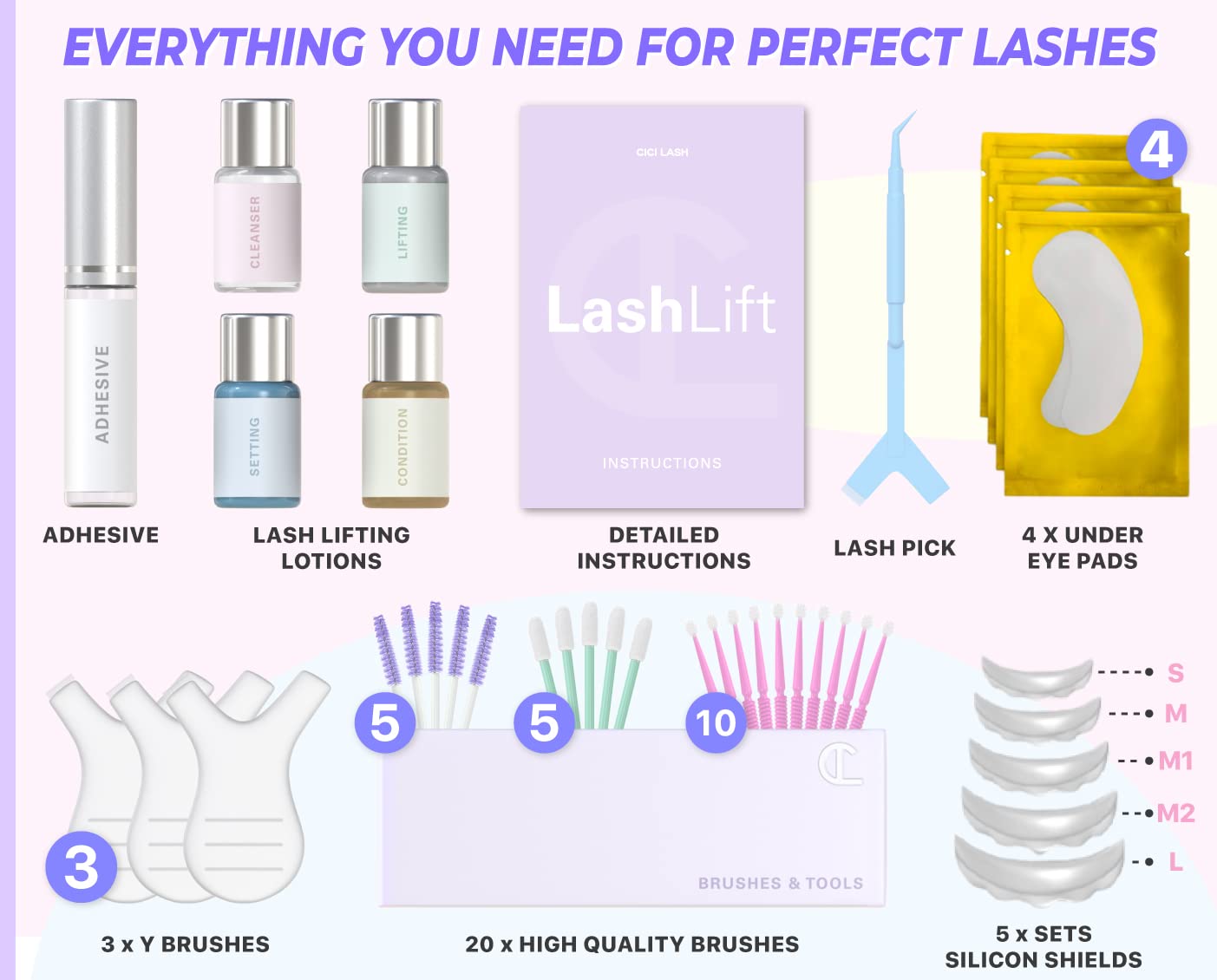 Lash Lift Kit with Keratin by CICI | Instant Perming, Lifting & Curling for Eyelashes | Long Lasting Professional Salon Results for a Supermodel Look