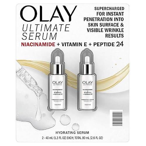 Olay Ultimate Niacinamide + Vitamin E + Peptide 24 Hydrating Serum, Fragrance Free, 1.3 Fl Oz (Pack of 2)
