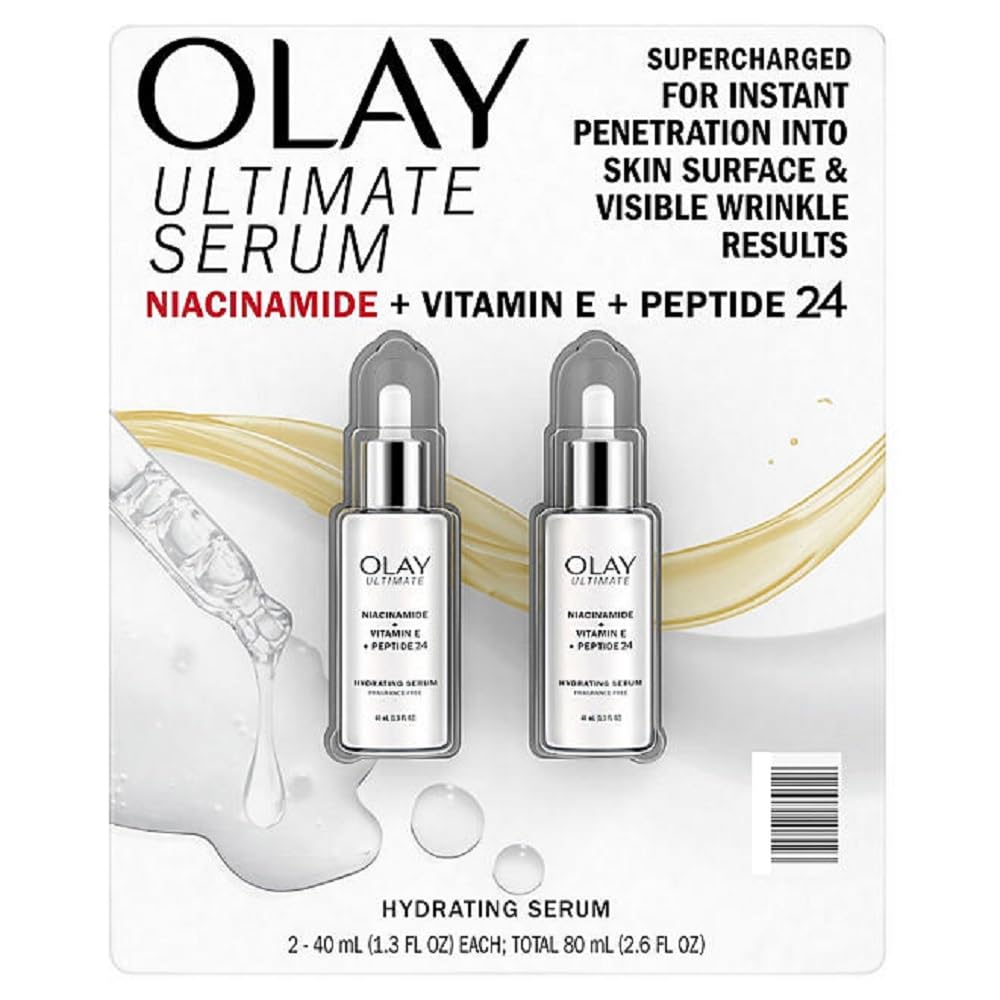 Olay Ultimate Niacinamide + Vitamin E + Peptide 24 Hydrating Serum, Fragrance Free, 1.3 Fl Oz (Pack of 2)