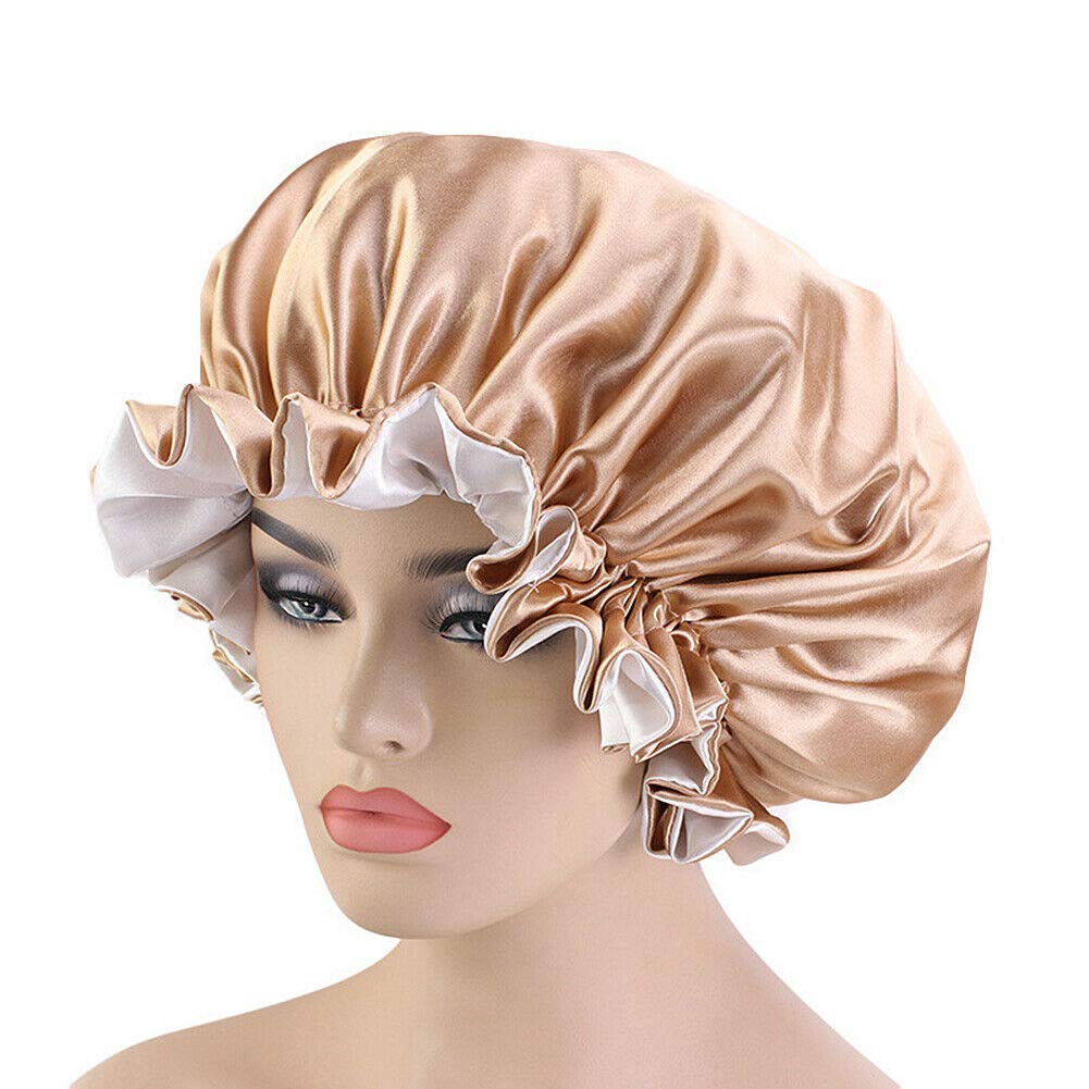 Magik Double-Sided Satin Night Sleep Cap Hair Bonnet Hat Head Cover w/Elastic Band (Champagne/Ivory, 1 Pack) Beauty and Personal Care Magik