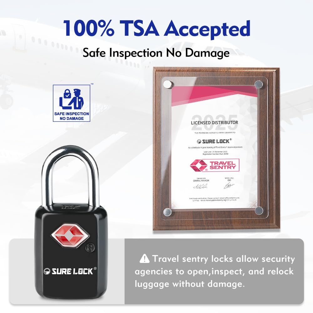 SURE LOCK TSA Approved Luggage Locks – Keyed Alike 2 Pack, Compact Zinc Alloy Travel Padlocks with Steel Shackle for Suitcase & Gym Locker