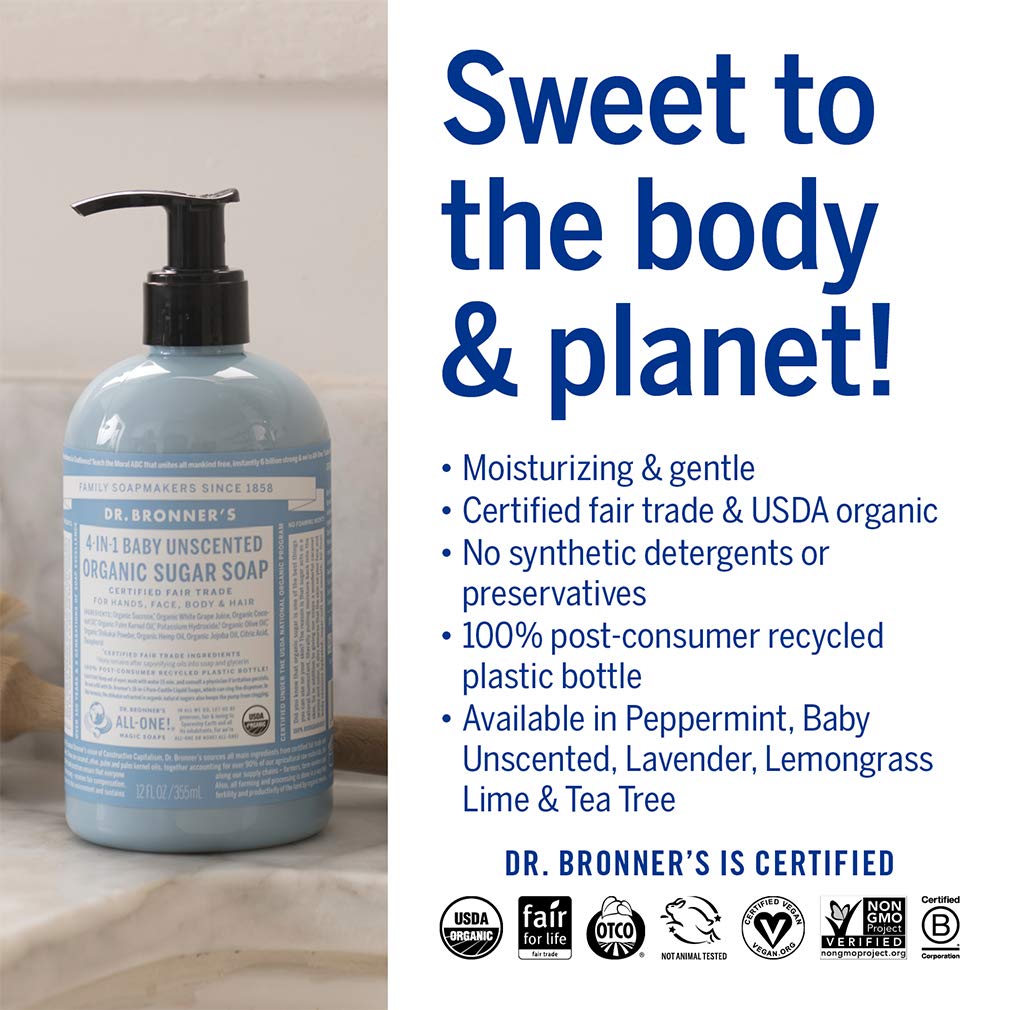 Dr. Bronner's Organic Sugar Soap (Baby Unscented, 12 Ounce) - Made with Regenerative Certified Organic Oils, Sugar & Shikakai Powder, 4-in-1 Use