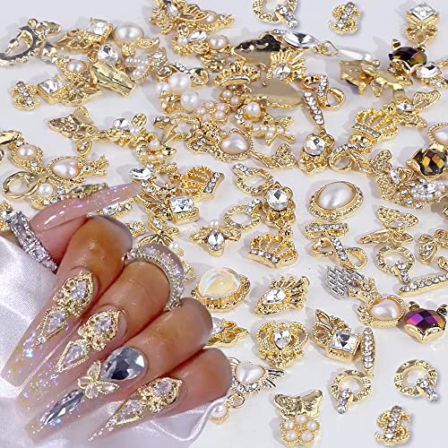 Dornail 50pcs Gold Nail Charms for Acrylic Nails, Mix Styles Shiny Pearl Alloy Nail Rhinestones Flower Butterfly Heart Star Charms for Nails Women
