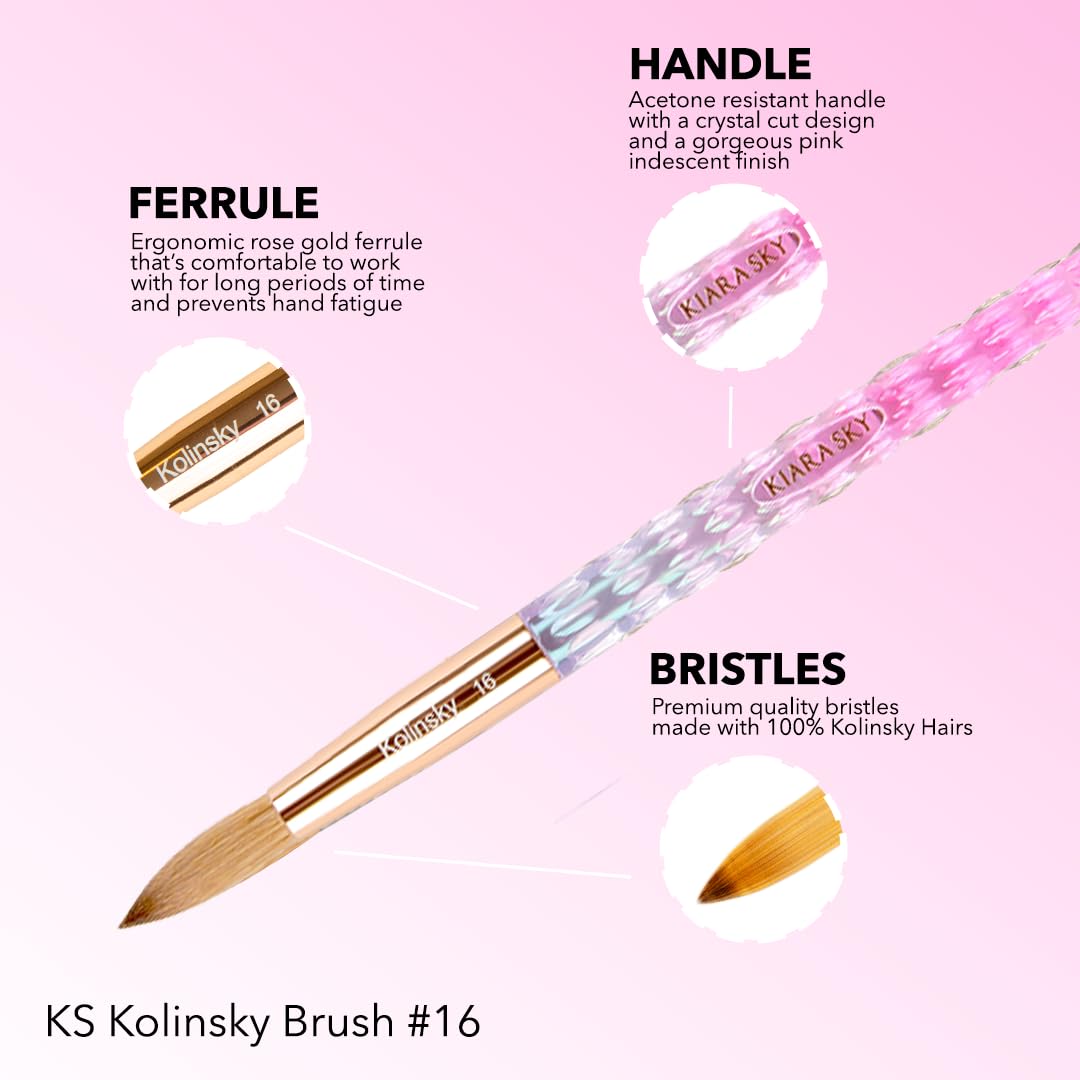 Kiara Sky Kolinsky Acrylic Nail Brush #16 - Pure Kolinsky Sable Hair, Pink Crystal Handle, Acetone Resistant, for Acrylic Application, Extensions & 3D Beauty & Personal Care KIARA SKY