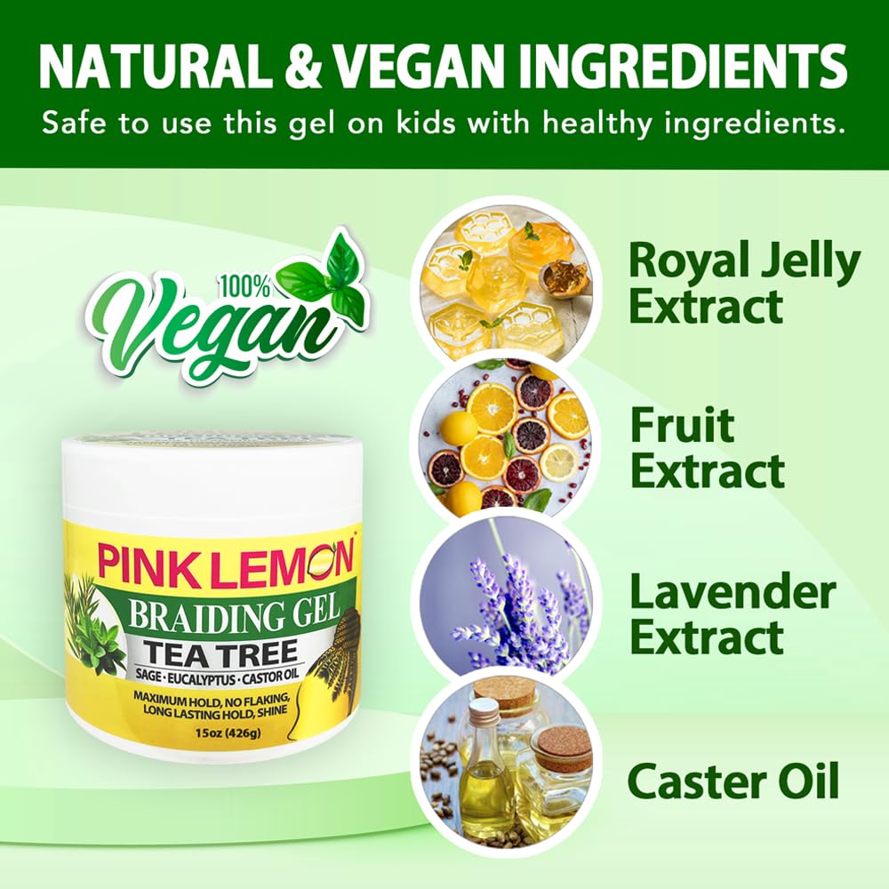 PINK LEMON Braiding Gel - Tea Tree - Maximum Hold, No Flaking, Long Lasting Hold, High Shine. For Micro, Inter, Dread, Faux, Loc, Twist, Braid, Edge