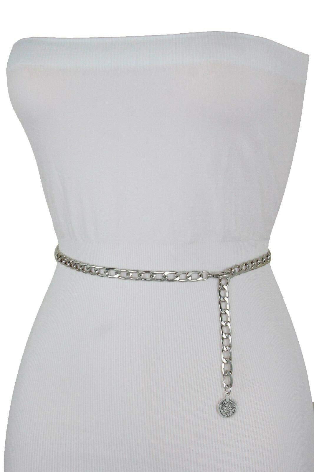 TFJ Women Fashion Belt Hip High Waist Silver Metal Chains Coin Charm Buckle M L XL