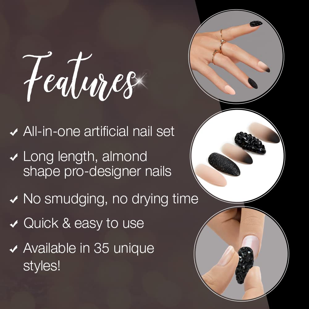 Ardell Nail Addict Premium Press On Nails - 24 False Nails Black Stud & Pink Ombre Jeweled and Matte, Reusable Artificial Acrylic Nail Kit for Diy Beauty & Personal Care Ardell