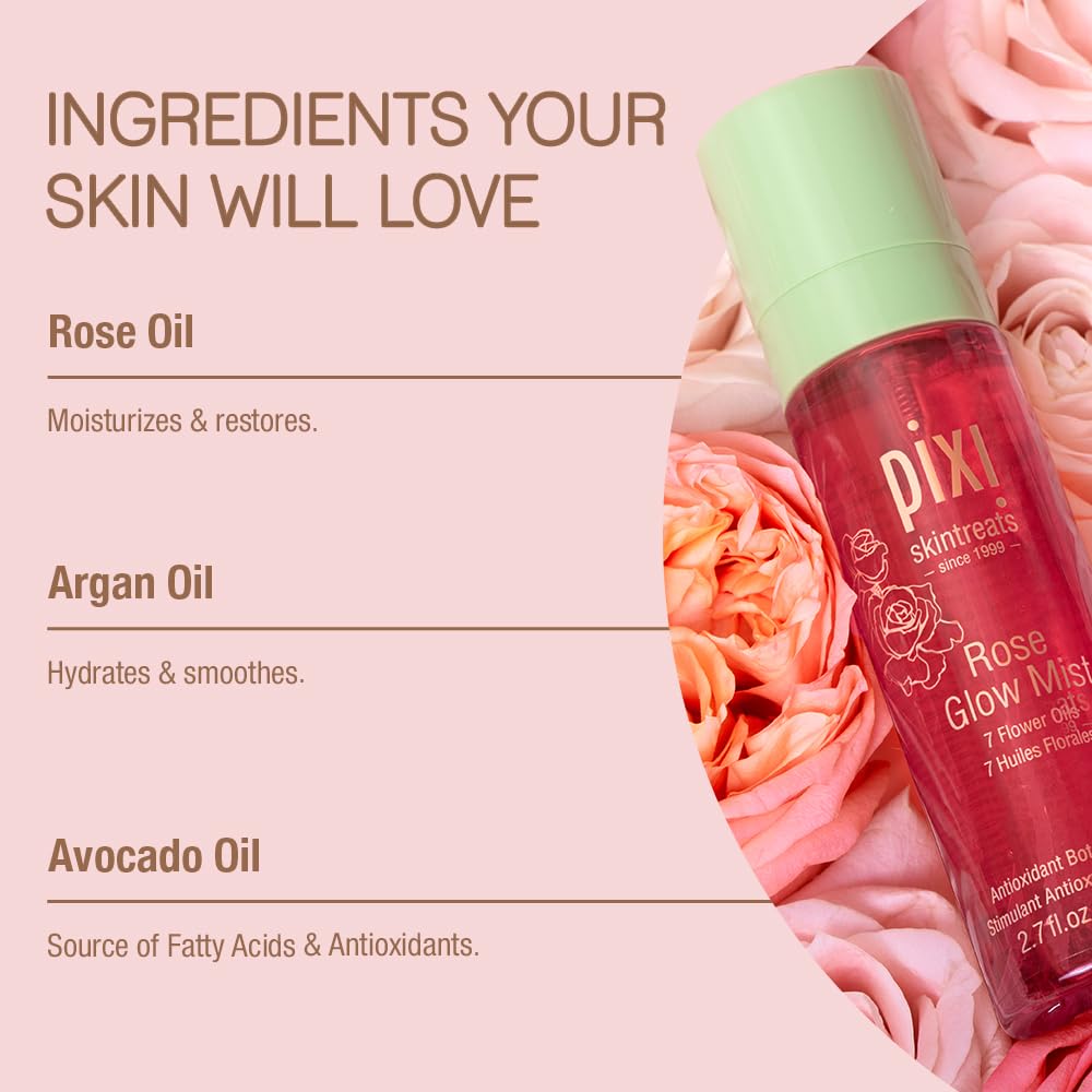Pixi Beauty Rose Glow Mist | Hydrating Makeup Setting Spray with Rose Water & 21 Natural Oils | Luminous Dewy Finish | All-Day Hold | Refreshes & Sets