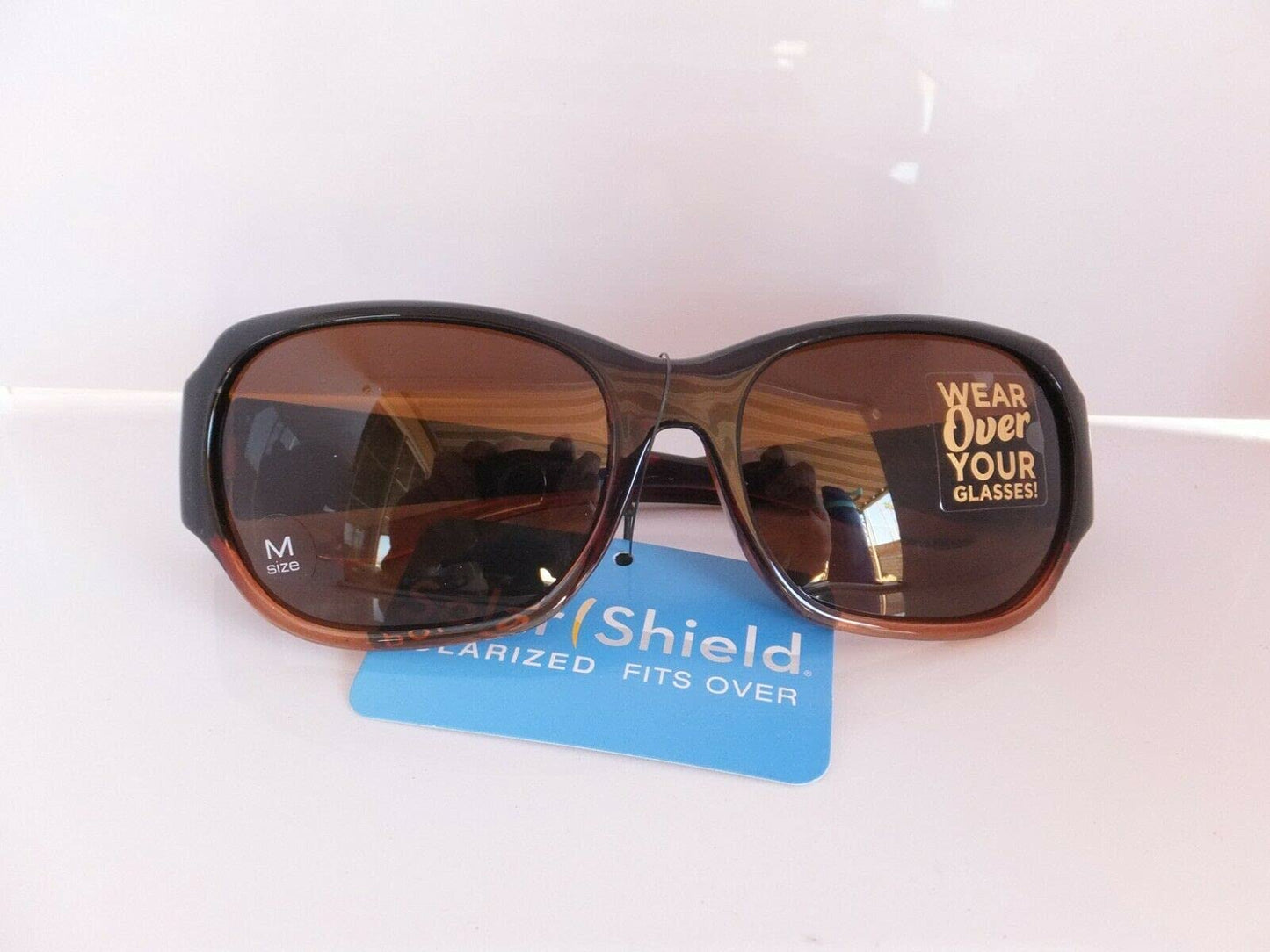 Solar shield Fits over Sunglasses for Women FO-038 Oval, Brown frame, Polarized Amber lenses Medium, 60 mm, FO-038 CAR AMB