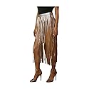 Women Skirt Fashion Belt - Wrap Around Long Faux Leather Waistband Fringes Tassel XS S Beige Silver