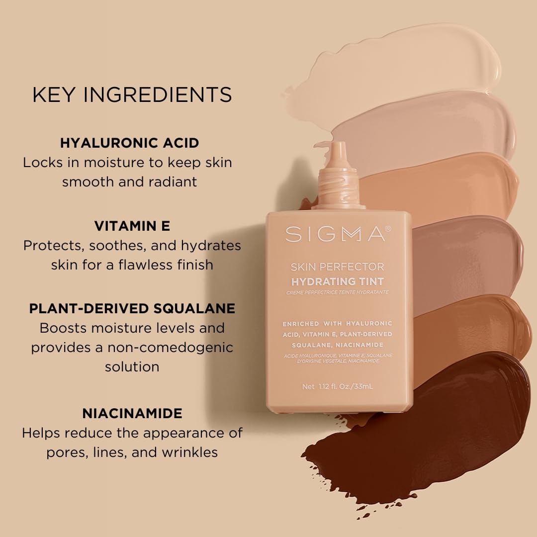 Sigma Beauty Skin Perfector Hydrating Tint (2 - Light Beige Tint) - Skin Tint Foundation for Lightweight, Buildable Coverage, With Hyaluronic Acid, Niacinamide Serum, and More