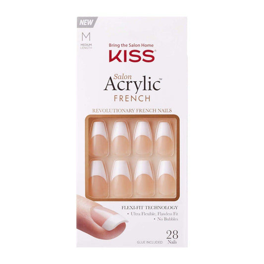 KISS Salon Acrylic French Nail Manicure Set, Medium Length, Square, “Je T'aime”, Nail Kit Includes Pink Gel Nail Glue (Net Wt. 2 g / 0.07oz.), Mini