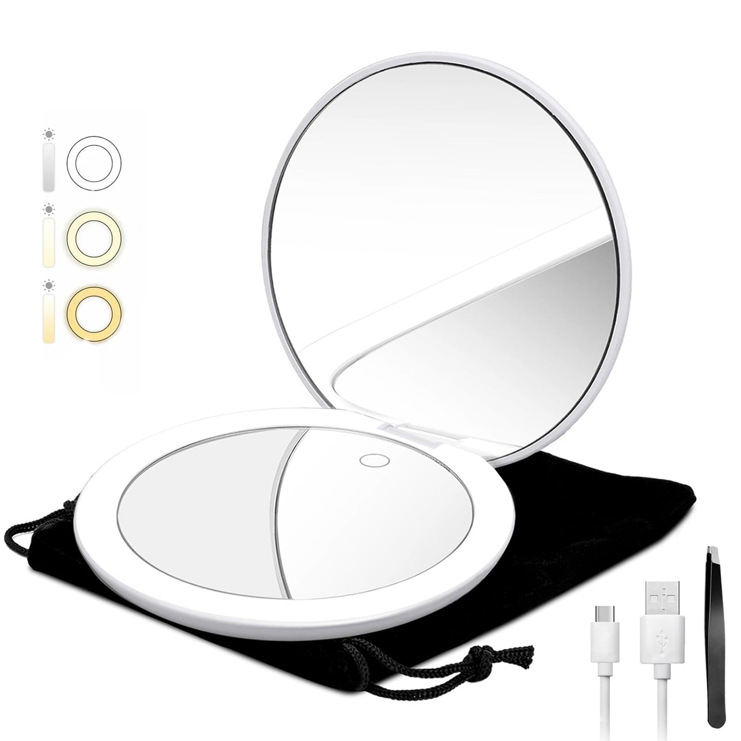 LED Lighted Compact Magnifying Travel Makeup Mirror - 5 inches Double Sided 1X/10X Magnification, USB Rechargeable 1000mAh, Touch Screen, 56 High-CRI