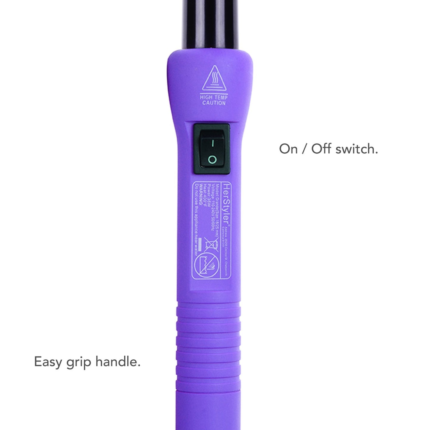 Herstyler Grande Ceramic Tapered Curling Wand - 1 inch Dual Voltage with Negative Ions for Long and Short Hair (Purple)