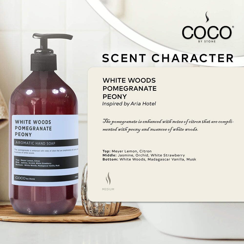 COCO by Stone 16oz Hand Soap (White Woods | Pomegranate | Peony Inspired by Aria Hotel) - Castile Soap for Soft Cleansing and a Floral-Fruit Vegan