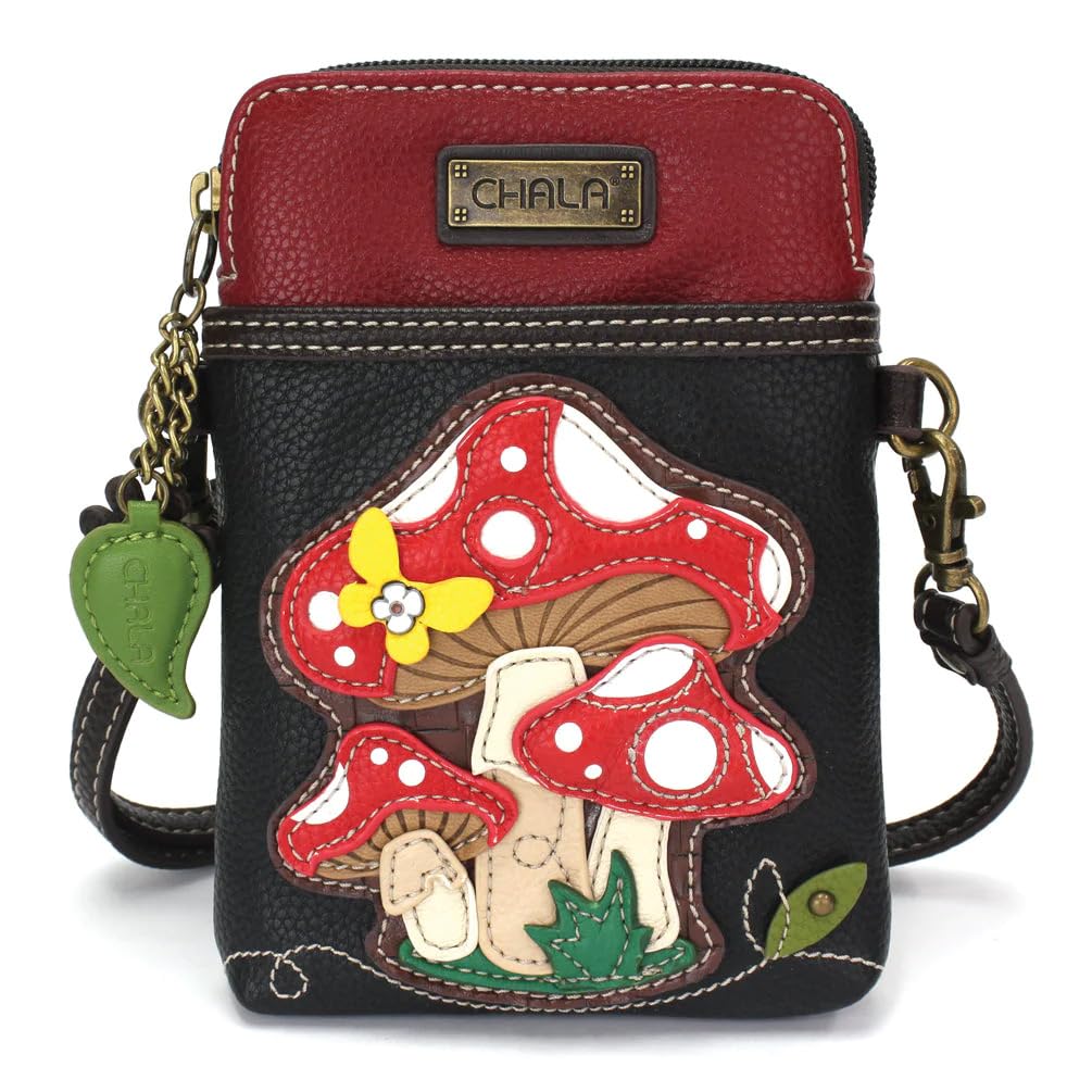 CHALA Plant Life Collection Cell Phone Crossbody Purse-Women PU Leather/Canvas Multicolor Handbag with Adjustable Strap - Mushrooms - black