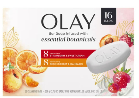Olay Botanical Bliss Bar Soap - 16 Pack (3.75 oz each) | Infused with Strawberry & Sweet Cream, Peach Sorbet & Mandarin