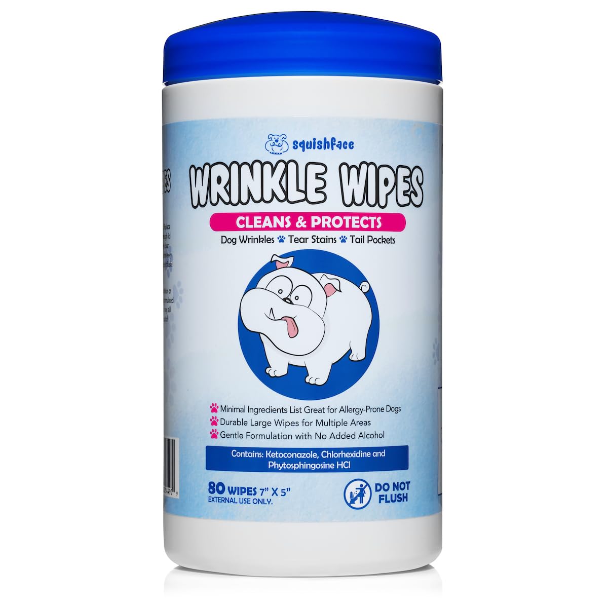 Squishface Wrinkle Wipes 80 Ct – 5"x7" Large Dog Wipes for Tear Stain Removal & Deodorizing – Ideal for Bulldogs, Pugs, Frenchies & More