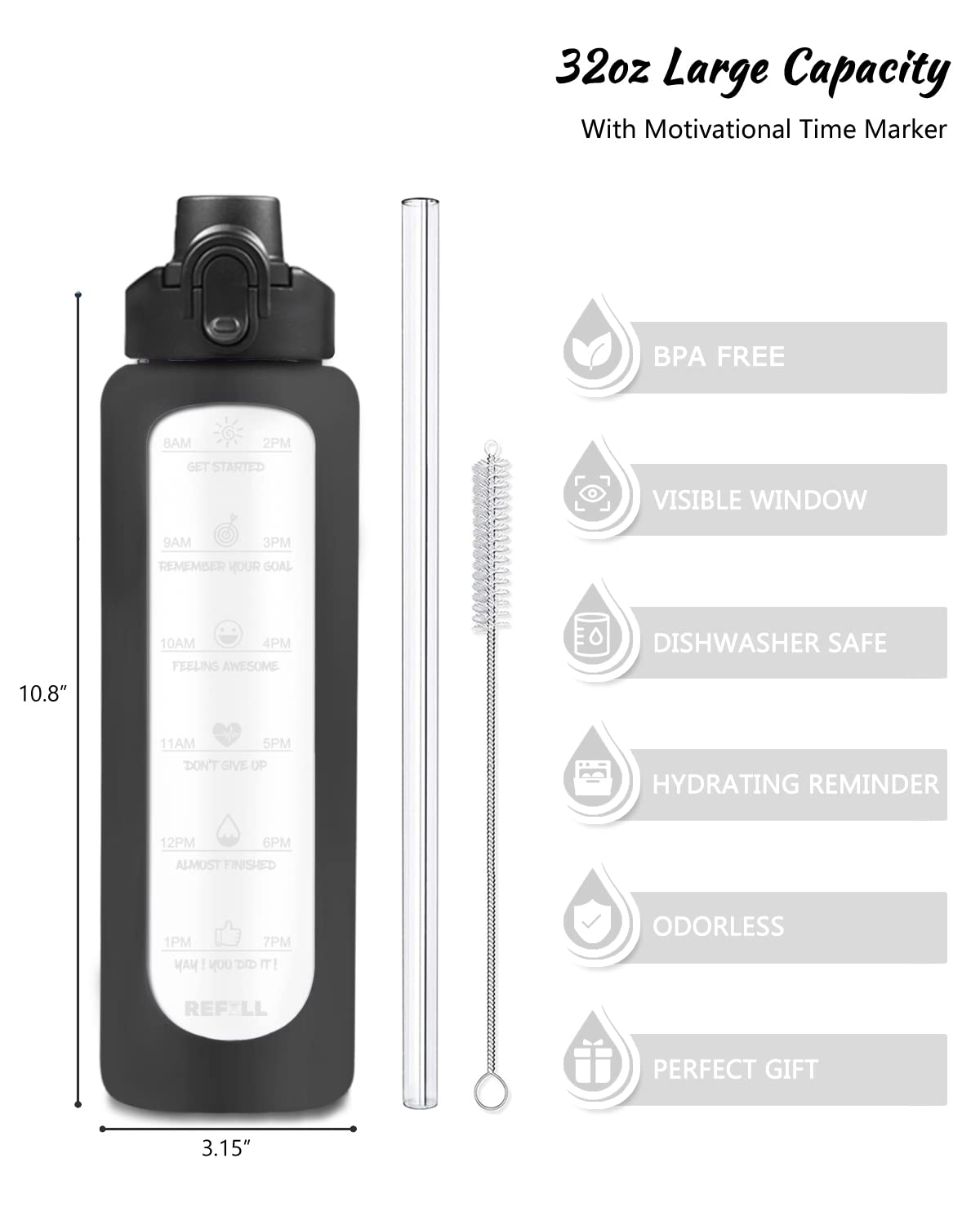 Nefeeko 32 oz Glass Water Bottles with Straw, Time Marker, Motivational 1 Liter BPA FREE Leakproof Reusable Glass Water Bottle with Silicone Sleeve