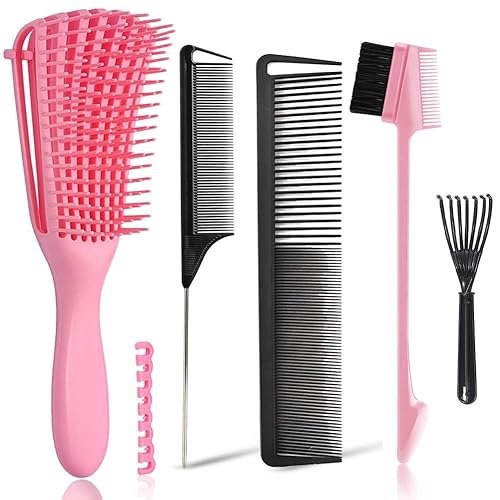 EZ Detangler Brush with Edge Brush, Rat Tail Combs Set for Natural, Curly, Wet/Dry, Black Hair, Flex Detangling Brush set for Hair Style and Cuting